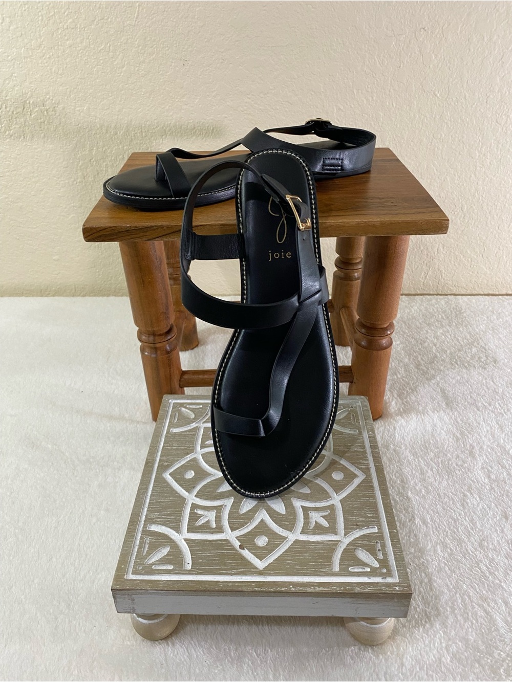 Joie Black Leather T-Strap Flat Sandals with Gold Buckle